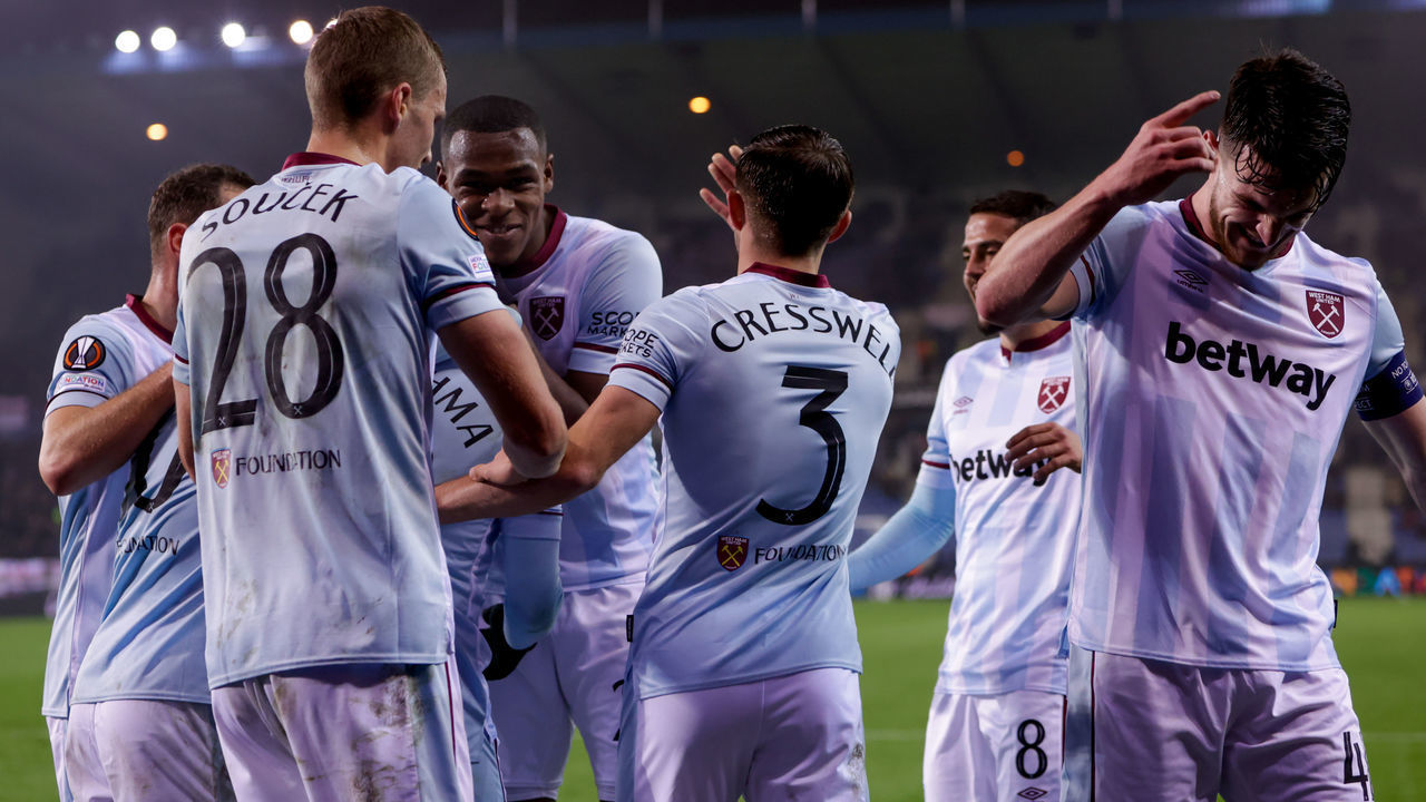 GENK, BELGIUM - NOVEMBER 4: Said Benrahma of West Ham United celebrate scoring second West Ham United goal of the evening during the Group H - UEFA Europa League match between KRC Genk and West Ham United at the KRC Genk Arena on November 4, 2021 in Genk, Belgium