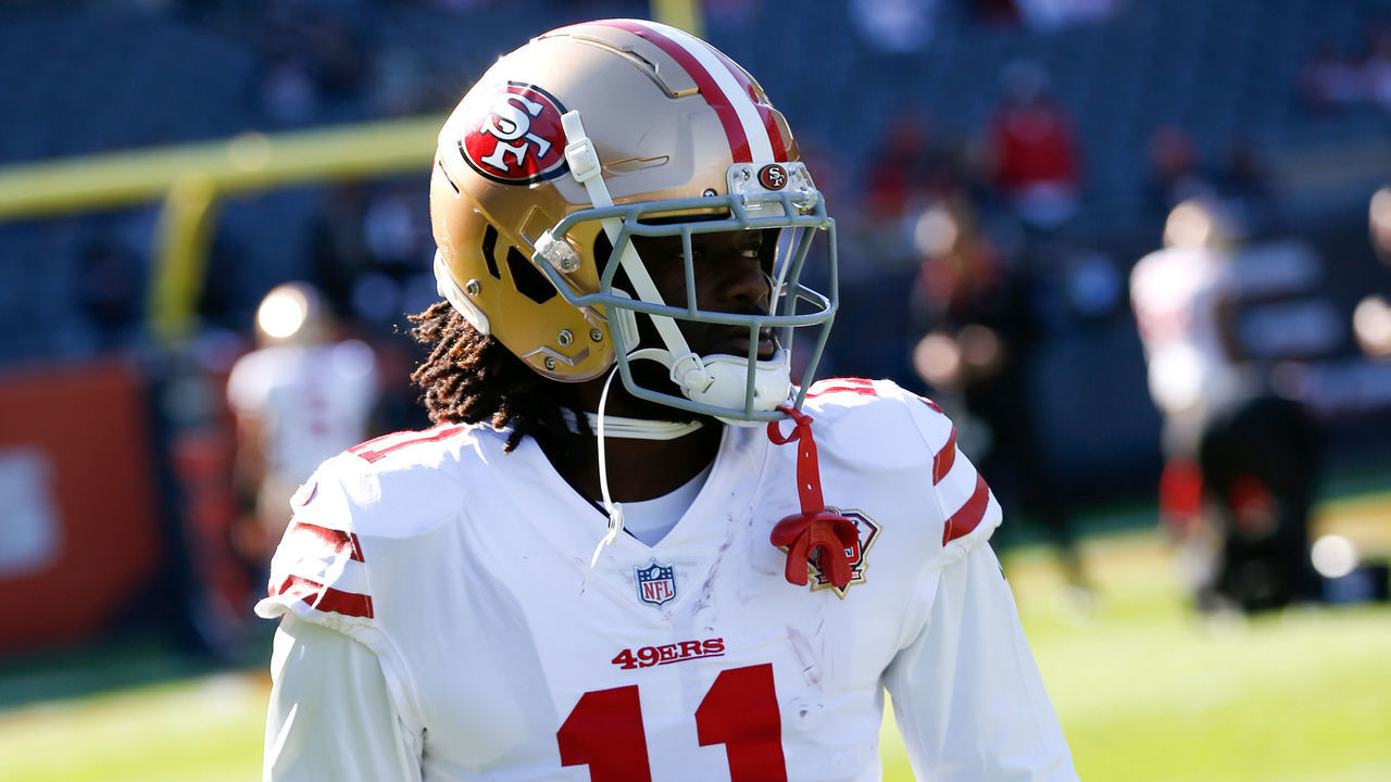 CHICAGO, IL - OCTOBER 31: Brandon Aiyuk #11 of the San Francisco 49ers on the field before the game against the Chicago Bears at Soldier Field on October 31, 2021 in Chicago, Illinois. The 49eres defeated the Bears 33-22.