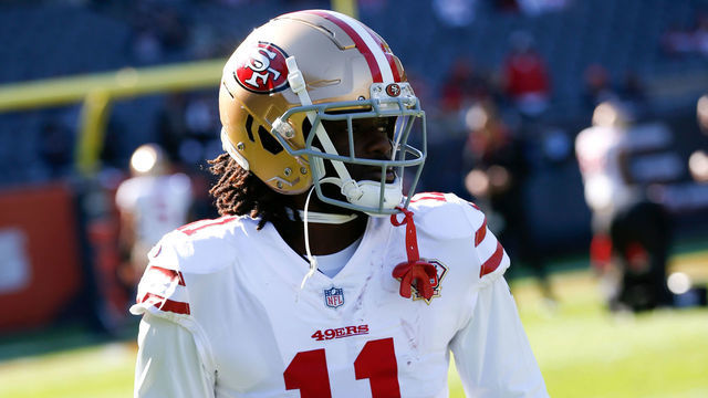 CHICAGO, IL - OCTOBER 31: Brandon Aiyuk #11 of the San Francisco 49ers on the field before the game against the Chicago Bears at Soldier Field on October 31, 2021 in Chicago, Illinois. The 49eres defeated the Bears 33-22.