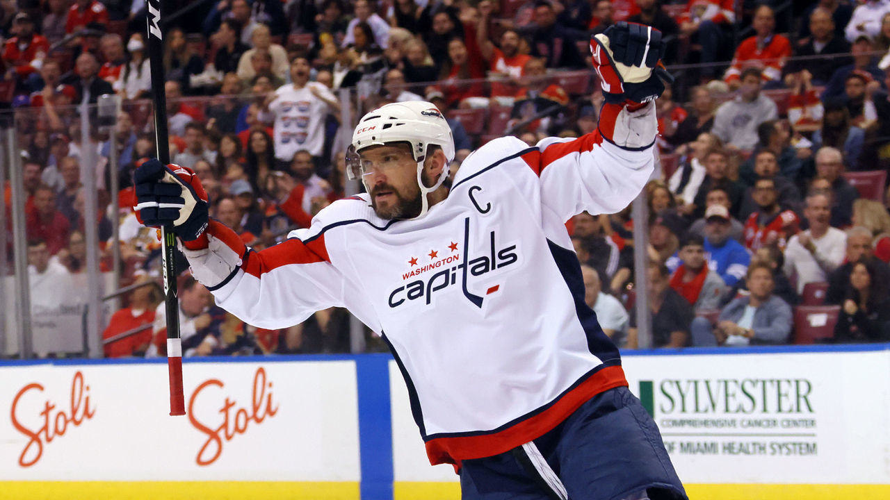 SUNRISE, FLORIDA - NOVEMBER 04: Alex Ovechkin #8 of the Washington Capitals celebrates his goal at 18:11 of the second period against the Florida Panthers on November 04, 2021 at the FLA Live Arena in Sunrise, Florida.