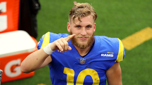 INGLEWOOD, CALIFORNIA - OCTOBER 24: Cooper Kupp #10 of the Los Angeles Rams celebrates a win after a game against the Detroit Lions at SoFi Stadium on October 24, 2021 in Inglewood, California.