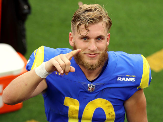 INGLEWOOD, CALIFORNIA - OCTOBER 24: Cooper Kupp #10 of the Los Angeles Rams celebrates a win after a game against the Detroit Lions at SoFi Stadium on October 24, 2021 in Inglewood, California.
