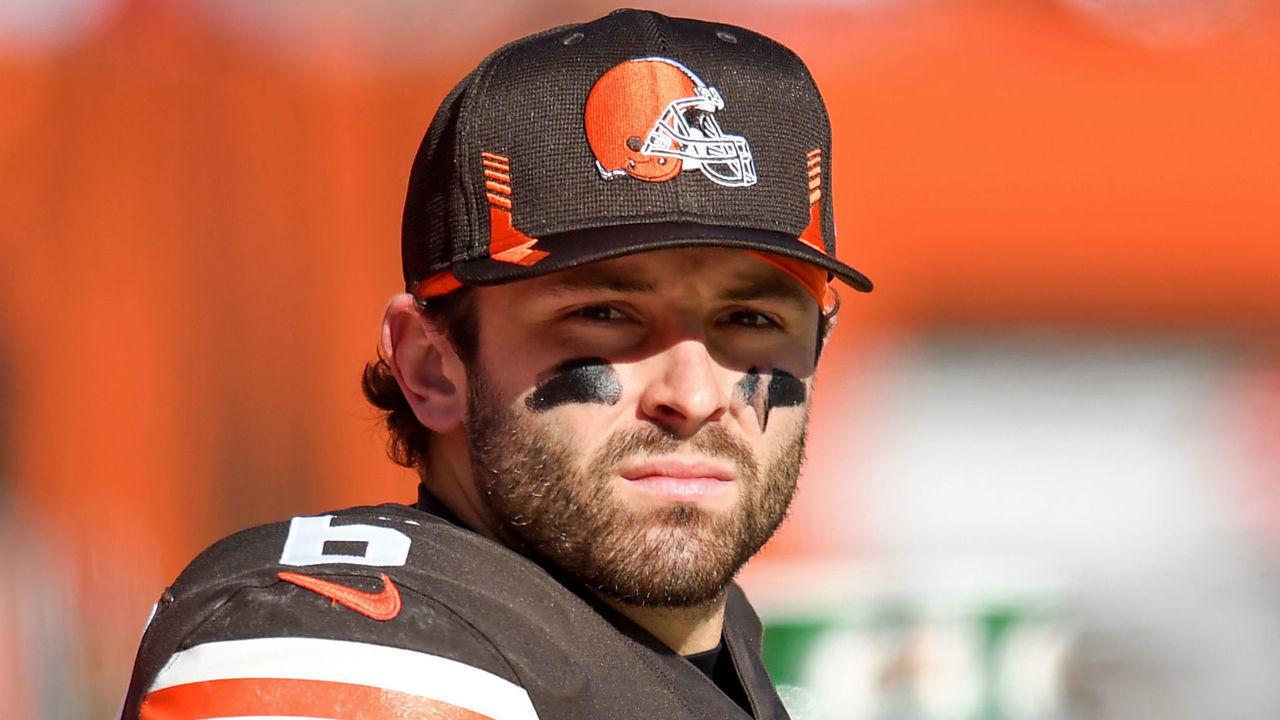 CLEVELAND, OH - OCTOBER 31: Baker Mayfield #6 of the Cleveland Browns looks on during the second half against the Pittsburgh Steelers at FirstEnergy Stadium on October 31, 2021 in Cleveland, Ohio.