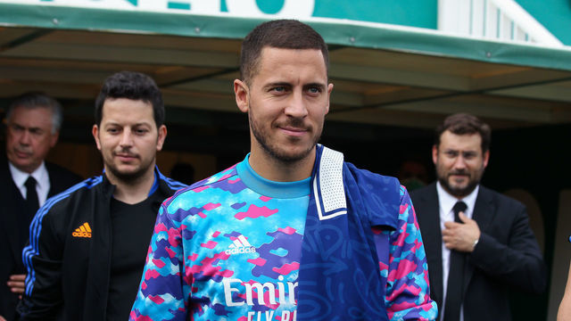 ELCHE, SPAIN - OCTOBER 30: Eden Hazard of Real Madrid looks on during the La Liga match between Elche CF and Real Madrid CF at Martinez Valero stadium on October 30th, 2021 in Elche, Alicante, Spain.