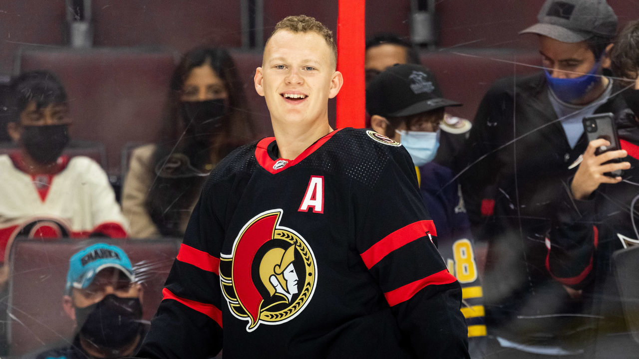 OTTAWA, ON - OCTOBER 21: Ottawa Senators Left Wing Brady Tkachuk (7) during warm-up before National Hockey League action between the San Jose Sharks and Ottawa Senators on October 21, 2021, at Canadian Tire Centre in Ottawa, ON, Canada.