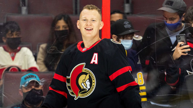 OTTAWA, ON - OCTOBER 21: Ottawa Senators Left Wing Brady Tkachuk (7) during warm-up before National Hockey League action between the San Jose Sharks and Ottawa Senators on October 21, 2021, at Canadian Tire Centre in Ottawa, ON, Canada.