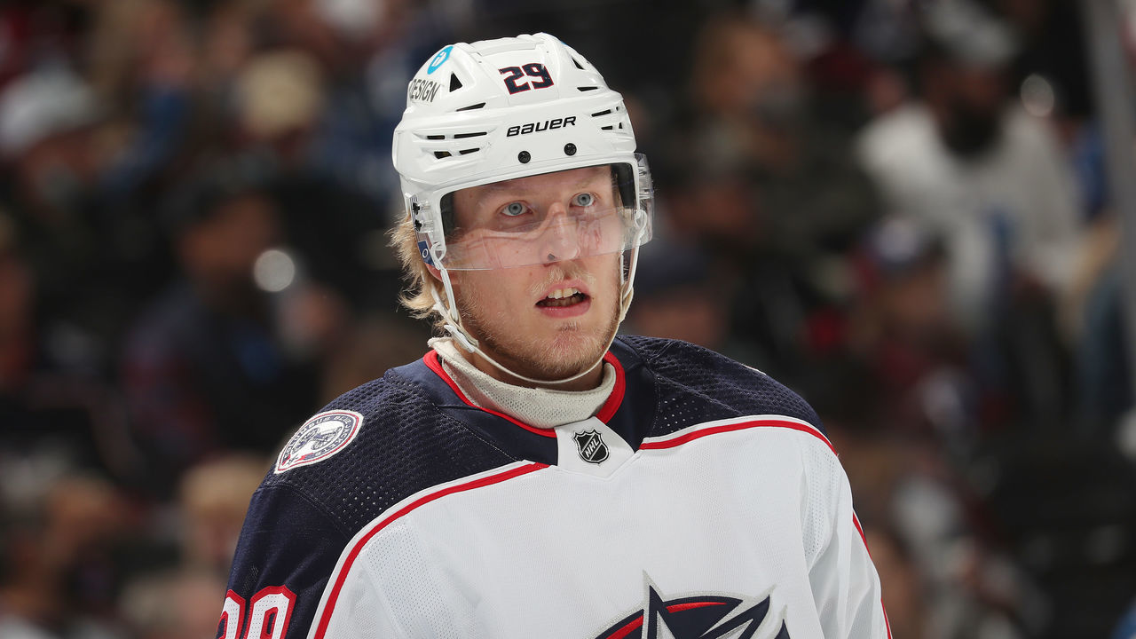 DENVER, COLORADO - NOVEMBER 03: Patrik Laine #29 of the Columbus Blue Jackets looks on during a break in the action against the Colorado Avalanche at Ball Arena on November 03, 2021 in Denver, Colorado.