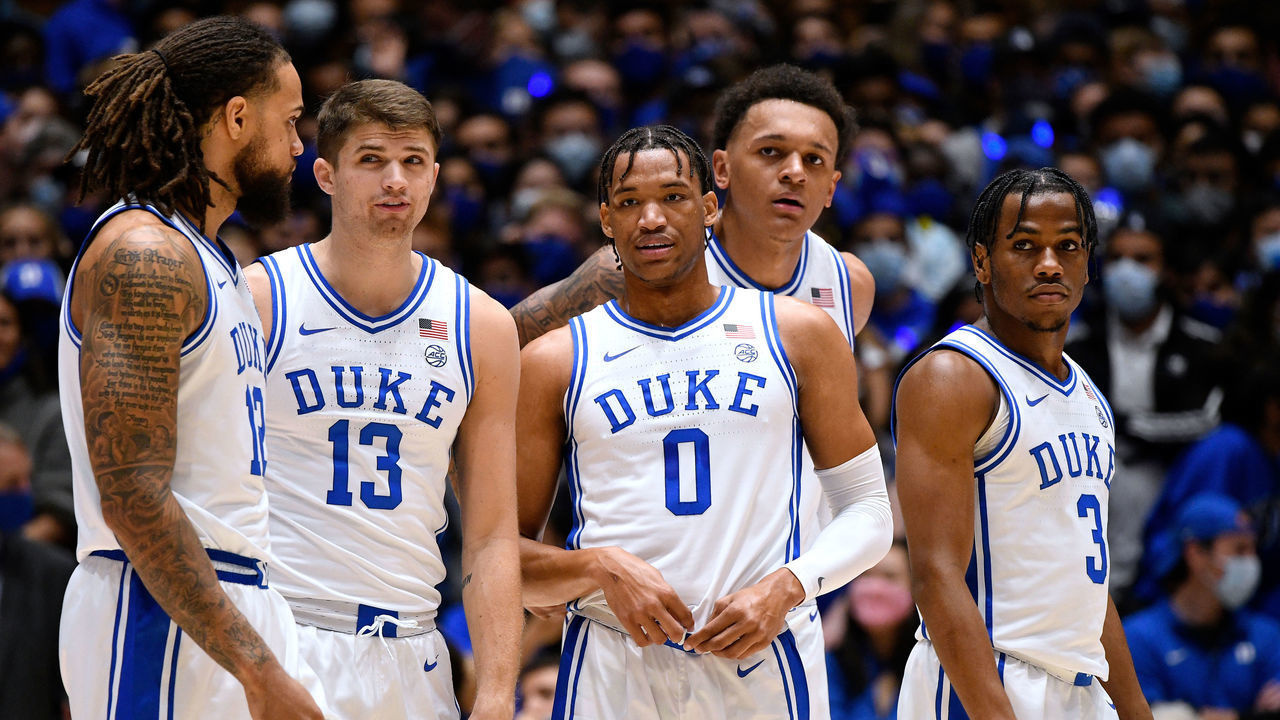 DURHAM, NC - OCTOBER 30: Theo John #12, Joey Baker #13, Wendell Moore Jr. #0 , Paolo Banchero #5 and Jeremy Roach #3 of the Duke Blue Devils look on during their game against the Winston-Salem State Rams at Cameron Indoor Stadium on October 30, 2021 in Durham, North Carolina. Duke won 106-38.
