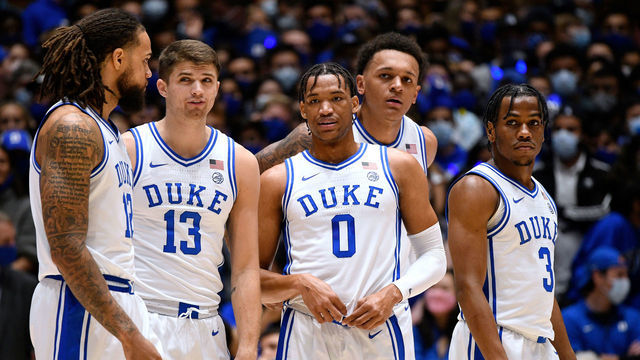 DURHAM, NC - OCTOBER 30: Theo John #12, Joey Baker #13, Wendell Moore Jr. #0 , Paolo Banchero #5 and Jeremy Roach #3 of the Duke Blue Devils look on during their game against the Winston-Salem State Rams at Cameron Indoor Stadium on October 30, 2021 in Durham, North Carolina. Duke won 106-38.
