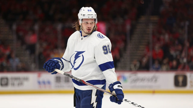 WASHINGTON, DC - OCTOBER 16: Mikhail Sergachev #98 of the Tampa Bay Lightning skates against the Washington Capitals at Capital One Arena on October 16, 2021 in Washington, DC.