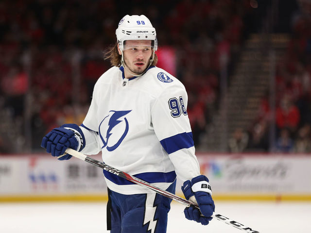 WASHINGTON, DC - OCTOBER 16: Mikhail Sergachev #98 of the Tampa Bay Lightning skates against the Washington Capitals at Capital One Arena on October 16, 2021 in Washington, DC.