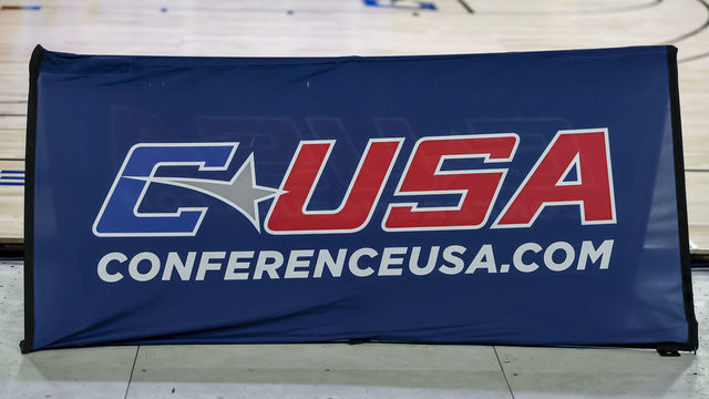 FRISCO, TX - MARCH 10: The C-USA banner is displayed during the game between the North Texas Mean Green and the Middle Tennessee Blue Raiders on March 10, 2021 at The Ford Center at The Star in Frisco, Texas.
