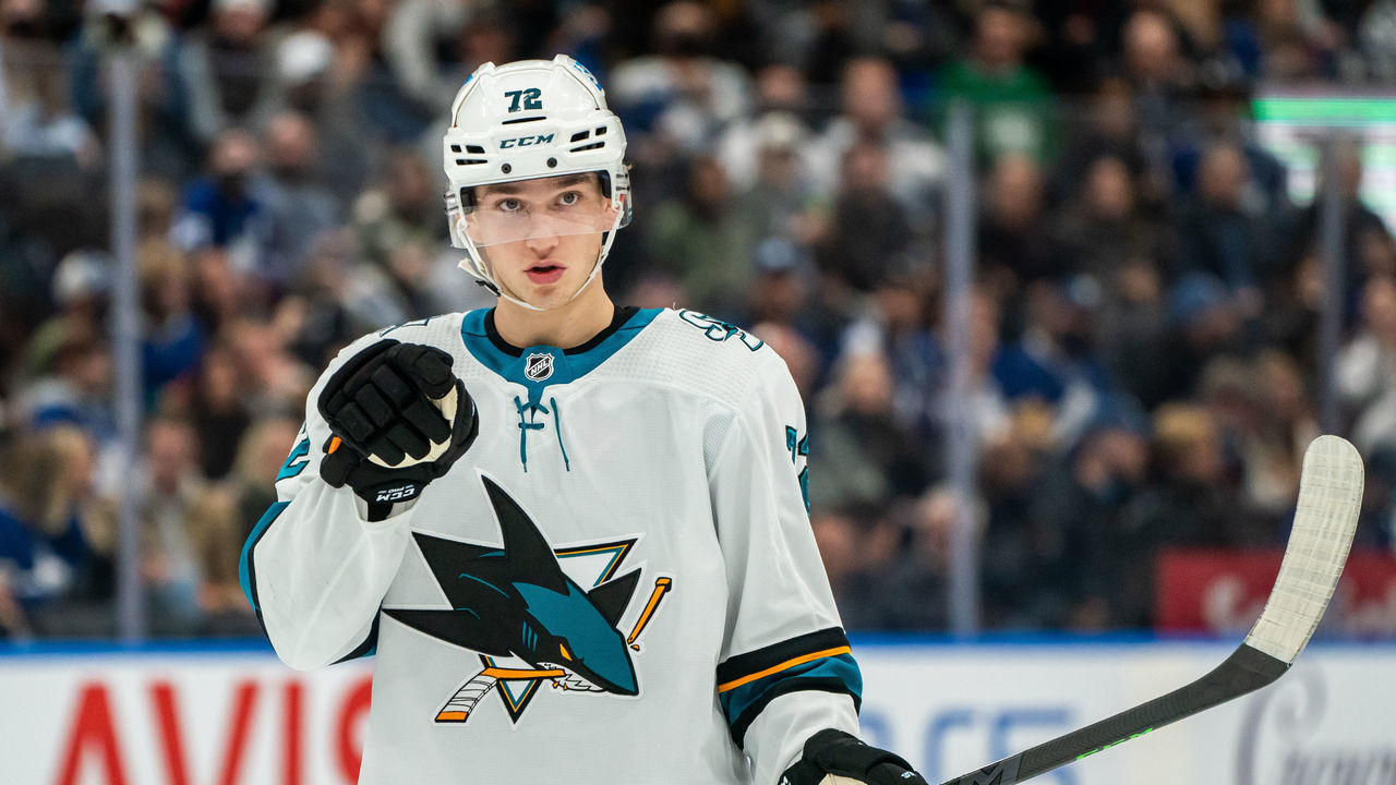 TORONTO, ON - OCTOBER 22: William Eklund #72 of the San Jose Sharks looks on against the Toronto Maple Leafs during the third period at the Scotiabank Arena on October 22, 2021 in Toronto, Ontario, Canada.