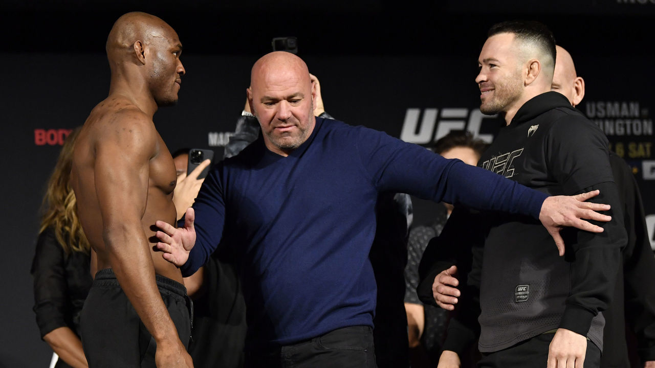 NEW YORK, NEW YORK - NOVEMBER 05: (L-R) Opponents Kamaru Usman of Nigeria and Colby Covington face off during the UFC 268 ceremonial weigh-in at The Hulu Theater at Madison Square Garden on November 05, 2021 in New York City.