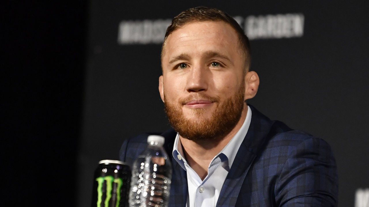NEW YORK, NEW YORK - NOVEMBER 04: Justin Gaethje is seen on stage during the UFC 268 press conference at The Hulu Theater at Madison Square Garden on November 04, 2021 in New York City.