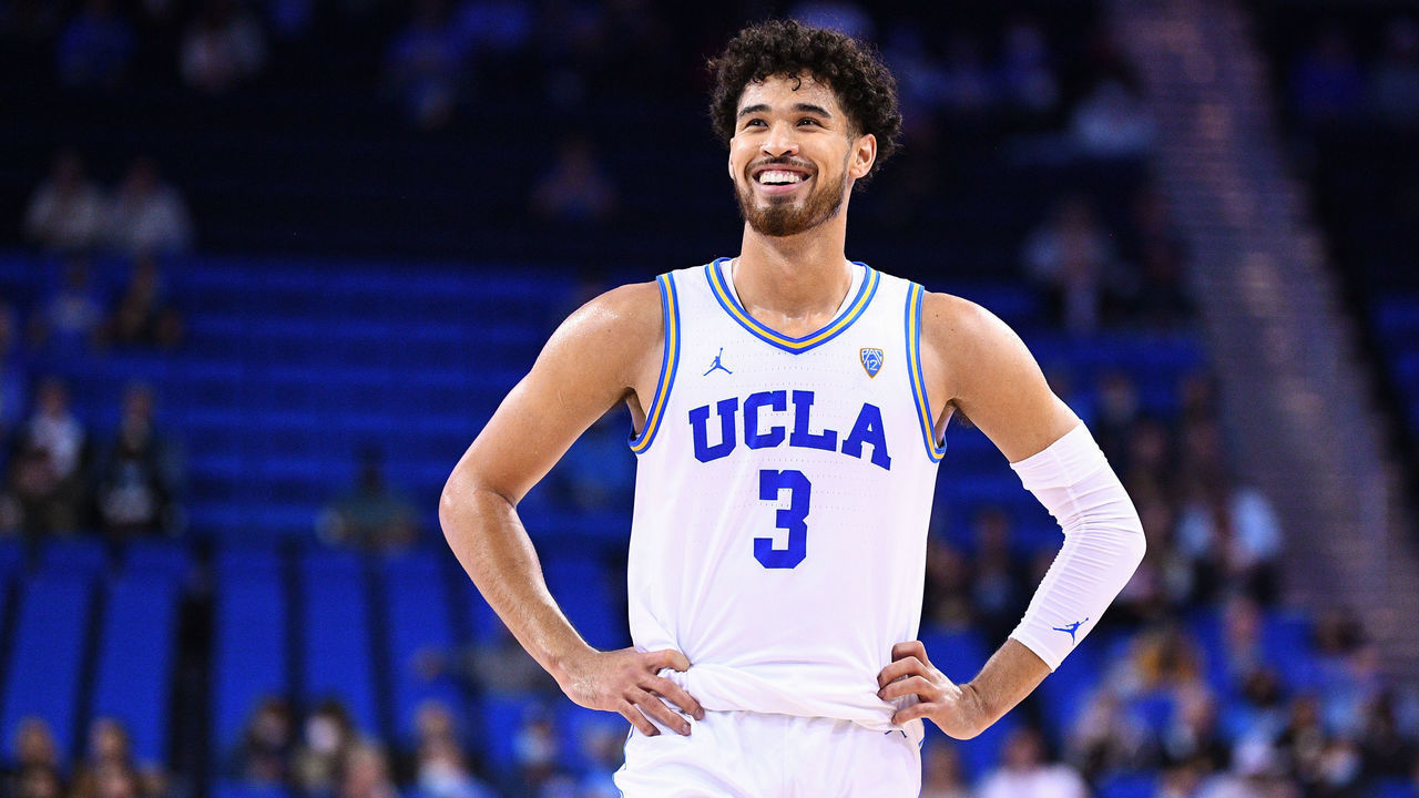 LOS ANGELES, CA - NOVEMBER 04: UCLA Bruins guard Johnny Juzang (3) looks on during a college exhibition basketball game between the Chico State Wildcats and the UCLA Bruins on November 4, 2021, at Pauley Pavilion in Los Angeles, CA.
