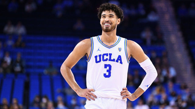 LOS ANGELES, CA - NOVEMBER 04: UCLA Bruins guard Johnny Juzang (3) looks on during a college exhibition basketball game between the Chico State Wildcats and the UCLA Bruins on November 4, 2021, at Pauley Pavilion in Los Angeles, CA.