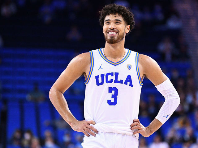 LOS ANGELES, CA - NOVEMBER 04: UCLA Bruins guard Johnny Juzang (3) looks on during a college exhibition basketball game between the Chico State Wildcats and the UCLA Bruins on November 4, 2021, at Pauley Pavilion in Los Angeles, CA.