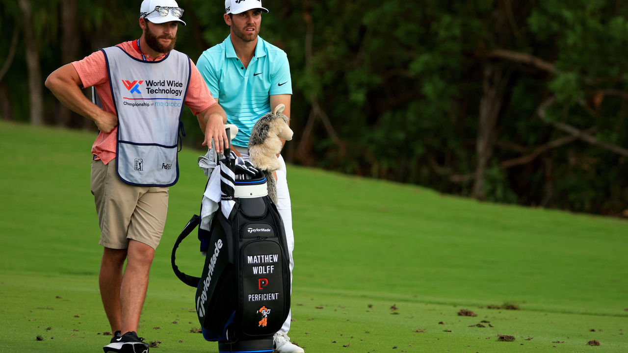 PLAYA DEL CARMEN, MEXICO - NOVEMBER 05: Matthew Wolff of the United States talks with his caddie Nick Heinen on the 17th hole during the second round of the World Wide Technology Championship at Mayakoba on El Camaleon golf course on November 05, 2021 in Playa del Carmen, .