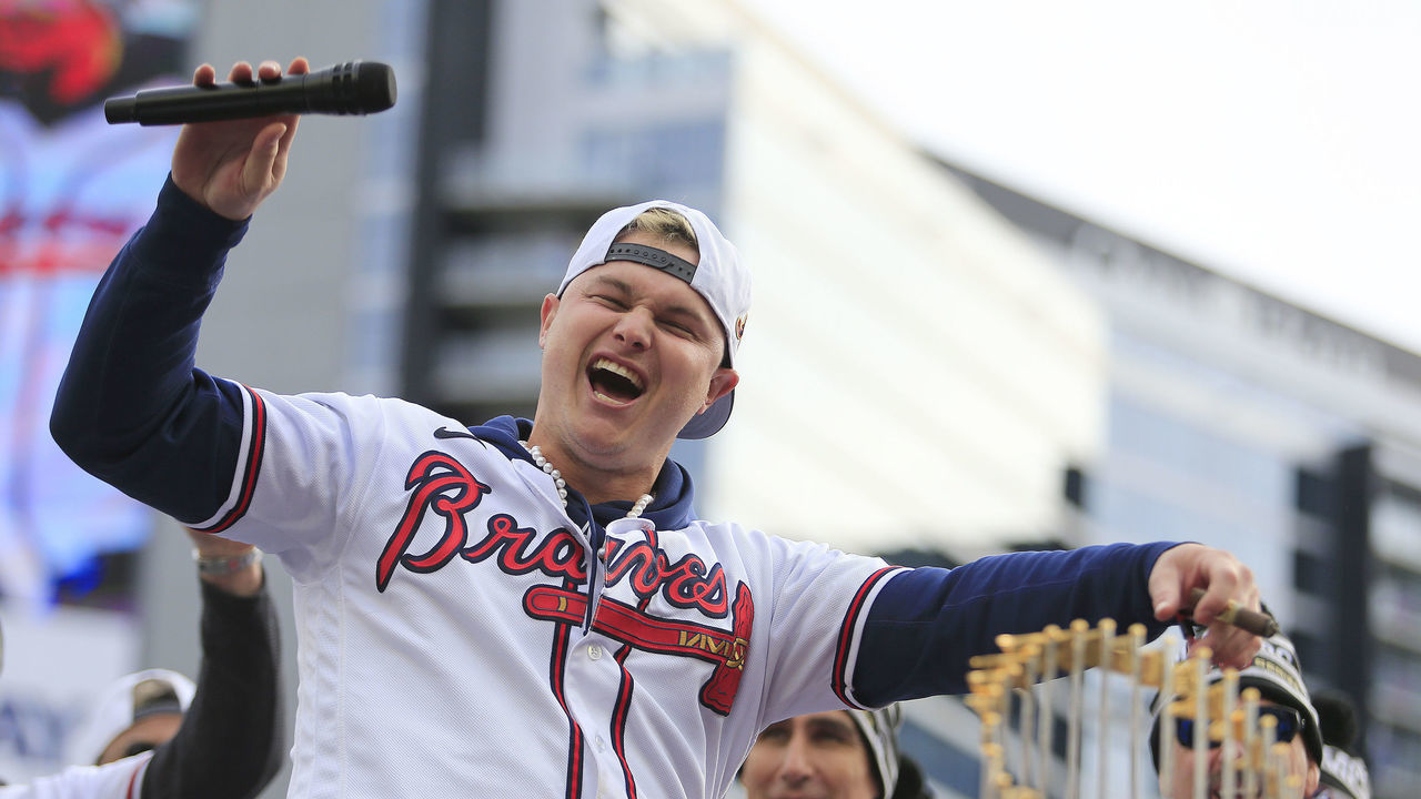 ATLANTA, GA - NOVEMBER 05: Atlanta Braves right fielder Joc Pederson (22) speaks to the fans during the World Series Championship Celebration at Truist Park on November 5, 2021 in Atlanta, Georgia.
