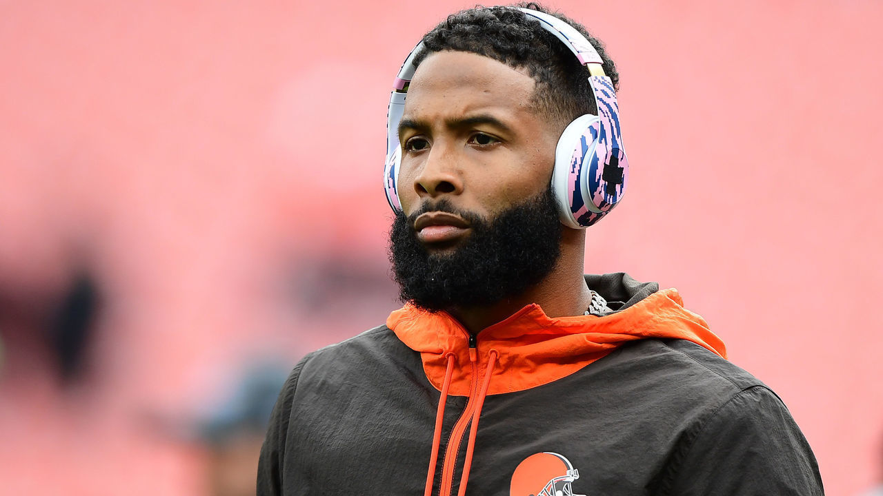 CLEVELAND, OHIO - OCTOBER 17: Odell Beckham Jr. #13 of the Cleveland Browns looks on during warm ups prior to the game against the Arizona Cardinals at FirstEnergy Stadium on October 17, 2021 in Cleveland, Ohio.