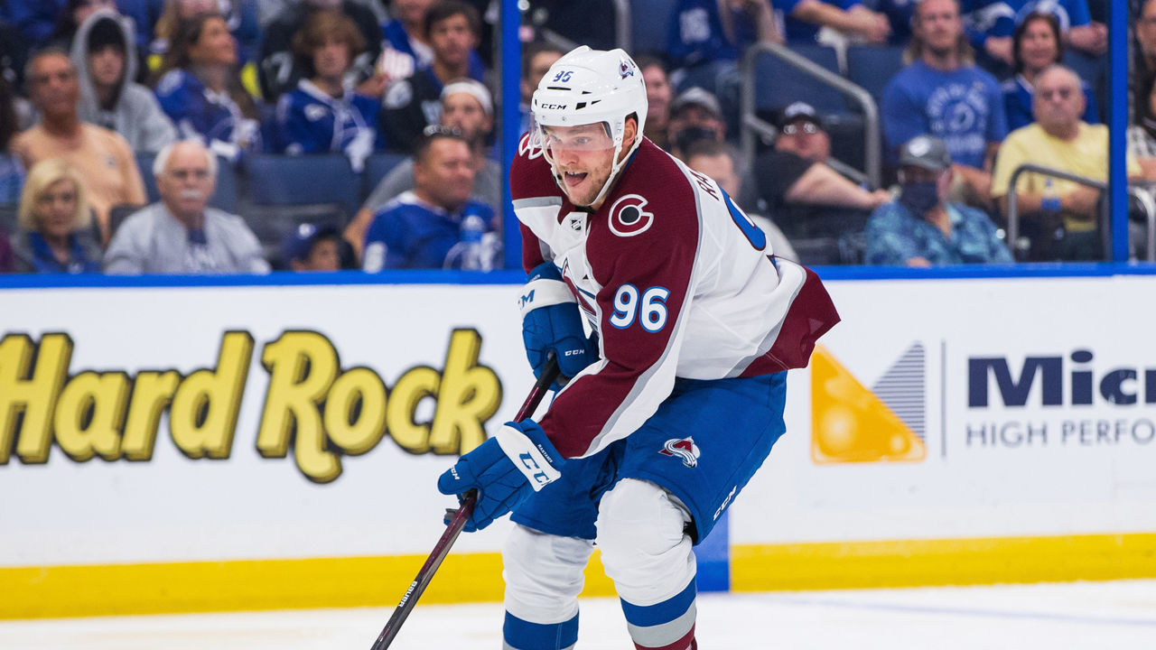 TAMPA, FL - OCTOBER 23: Mikko Rantanen #96 of the Colorado Avalanche skates against the Tampa Bay Lightning during the second period at Amalie Arena on October 23, 2021 in Tampa, Florida.
