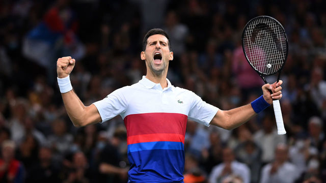 PARIS, FRANCE - NOVEMBER 06: Novak Djokovic of Serbia celebrates winning a point during his singles semi final match against Hubert Hurkacz of Poland during Day Six of the Rolex Paris Masters at AccorHotels Arena on November 06, 2021 in Paris, France.