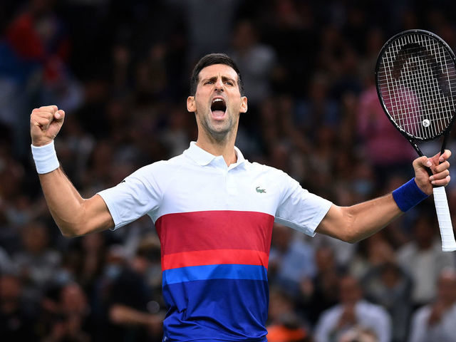 PARIS, FRANCE - NOVEMBER 06: Novak Djokovic of Serbia celebrates winning a point during his singles semi final match against Hubert Hurkacz of Poland during Day Six of the Rolex Paris Masters at AccorHotels Arena on November 06, 2021 in Paris, France.