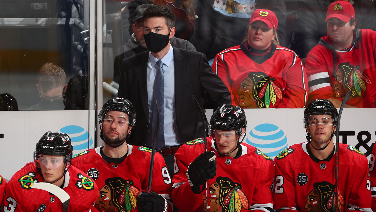 CHICAGO, ILLINOIS - OCTOBER 24: Jeremy Colliton, head coach of the Chicago Blackhawks, coaches the team in the third period against the Detroit Red Wings at United Center on October 24, 2021 in Chicago, Illinois.