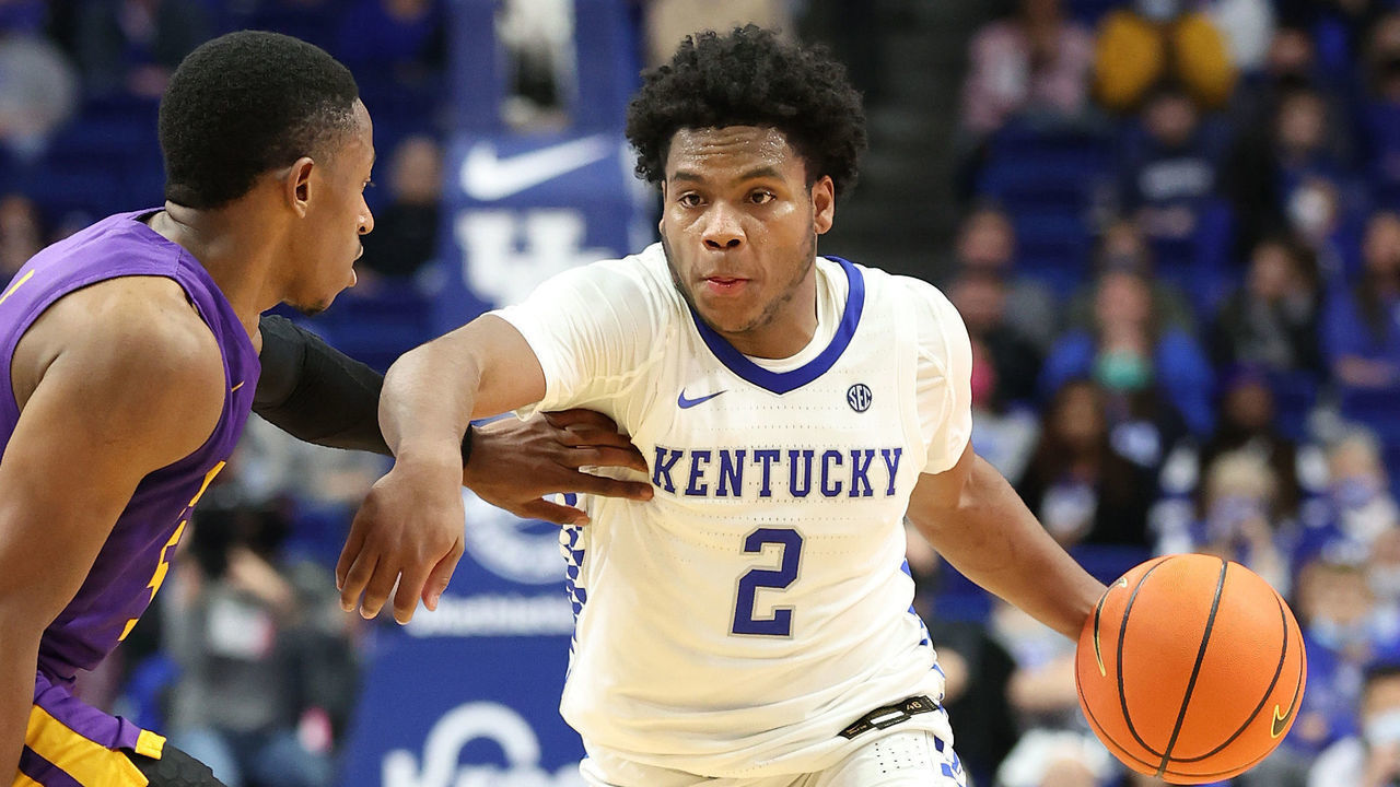 LEXINGTON, KENTUCKY - NOVEMBER 05: Shavir Wheeler #2 of the Kentucky Wildcats dribbles the ball in the game against the Miles College Golden Bears at Rupp Arena on November 05, 2021 in Lexington, Kentucky.