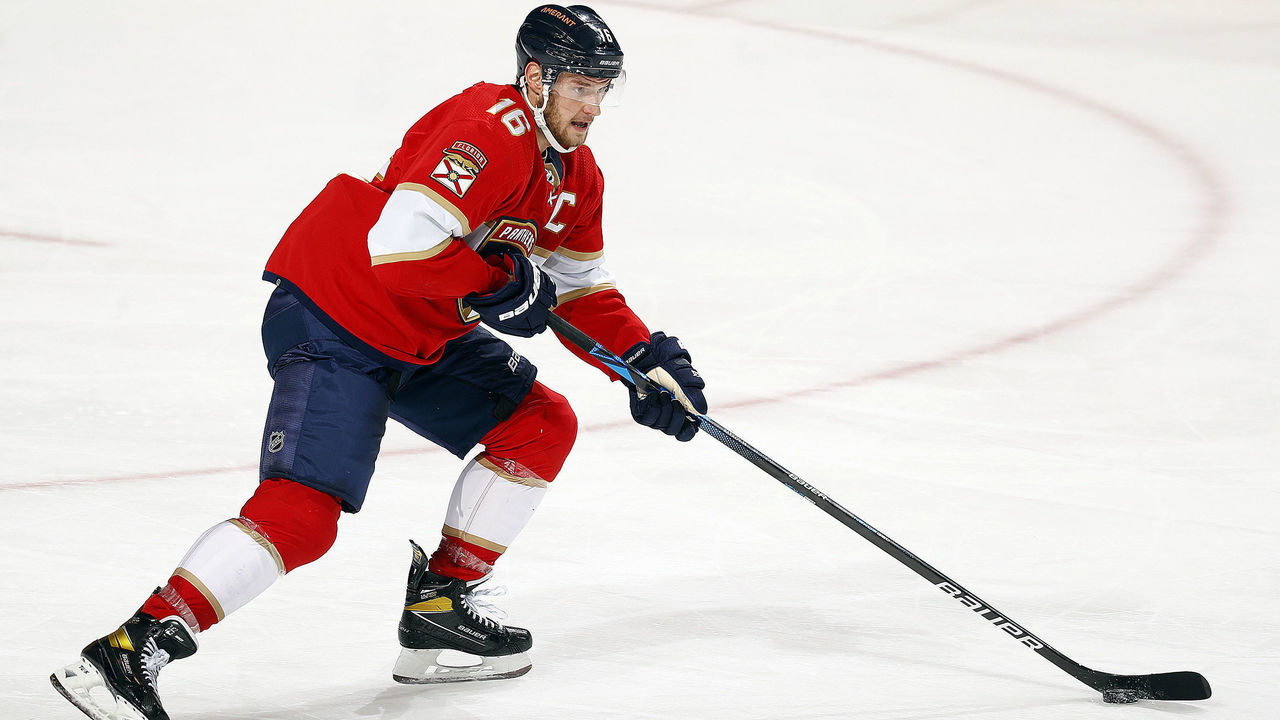 SUNRISE, FL - OCTOBER 27: Aleksander Barkov #16 of the Florida Panthers skates with the puck against the Boston Bruins at the FLA Live Arena on October 27, 2021 in Sunrise, Florida.