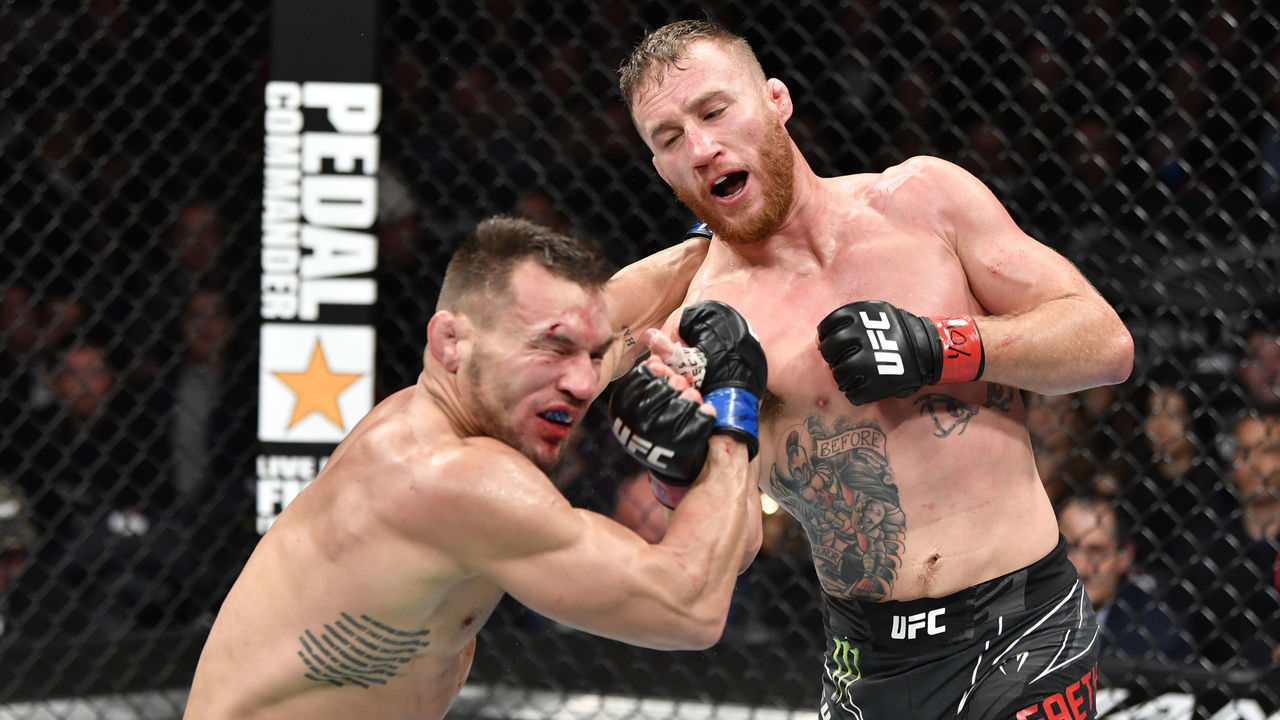 NEW YORK, NEW YORK - NOVEMBER 06: (R-L) Justin Gaethje punches Michael Chandler in their lightweight fight during the UFC 268 event at Madison Square Garden on November 06, 2021 in New York City.
