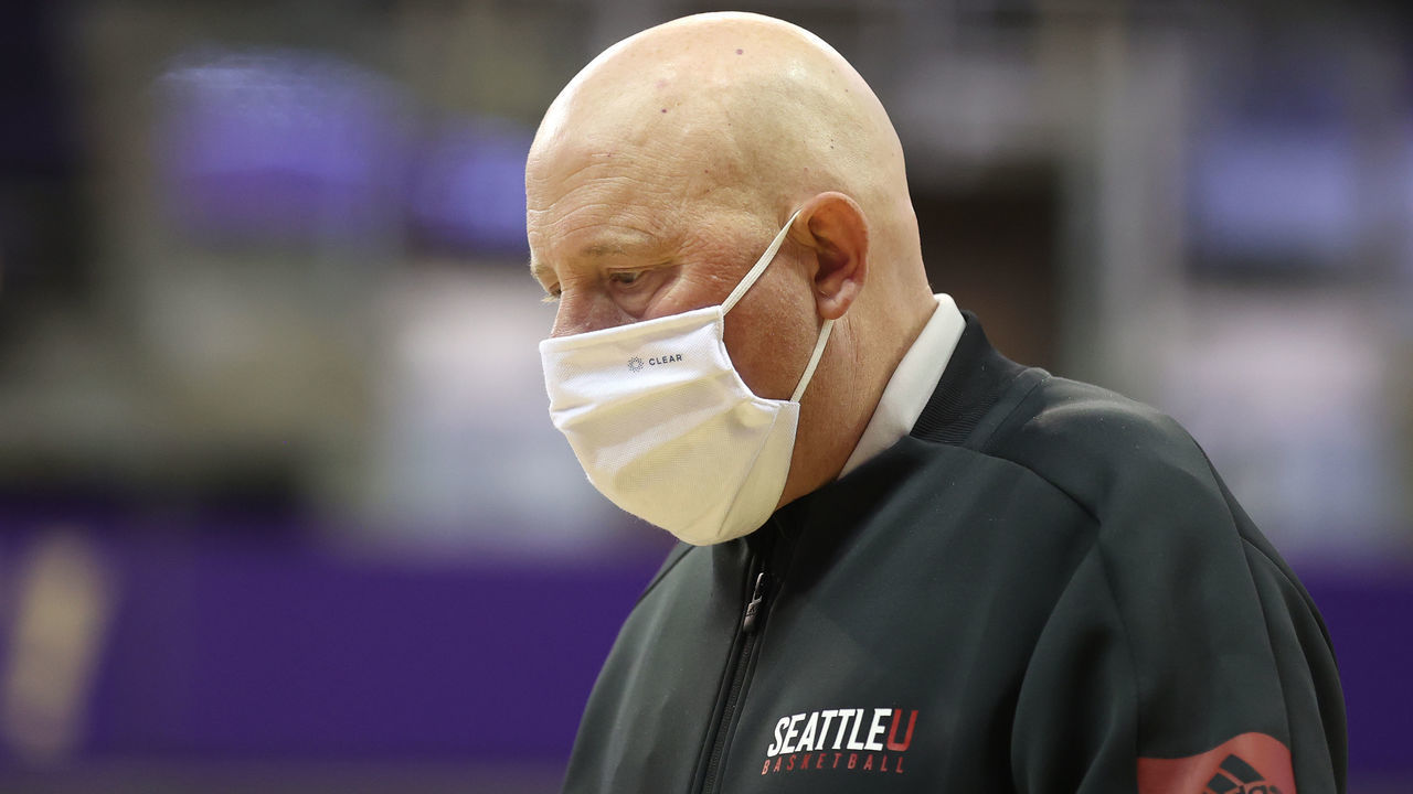 SEATTLE, WASHINGTON - DECEMBER 09: Head Coach Jim Hayford of the Seattle Redhawks walks off the court after their 73-41 loss to the Washington Huskies at Alaska Airlines Arena on December 09, 2020 in Seattle, Washington.