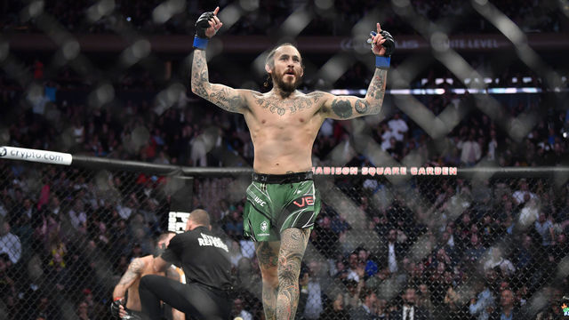 NEW YORK, NEW YORK - NOVEMBER 06: Marlon Vera of Ecuador reacts after his knockout victory over Frankie Edgar in their bantamweight fight during the UFC 268 event at Madison Square Garden on November 06, 2021 in New York City.