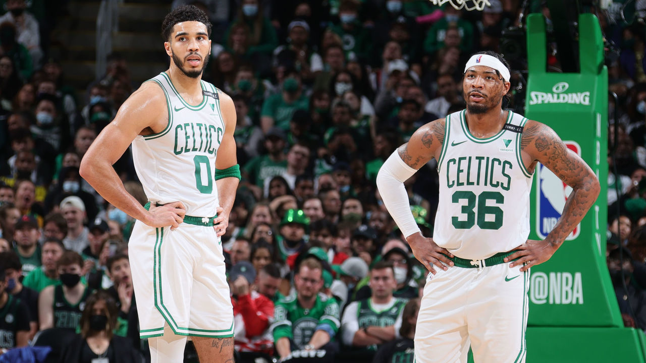 BOSTON, MA - MAY 30: Jayson Tatum #0 talks with Marcus Smart #36 of the Boston Celtics during the game against the Brooklyn Nets during Round 1, Game 4 of the 2021 NBA Playoffs on May 30, 2021 at the TD Garden in Boston, Massachusetts. Mandatory Copyright Notice: Copyright 2021 NBAE