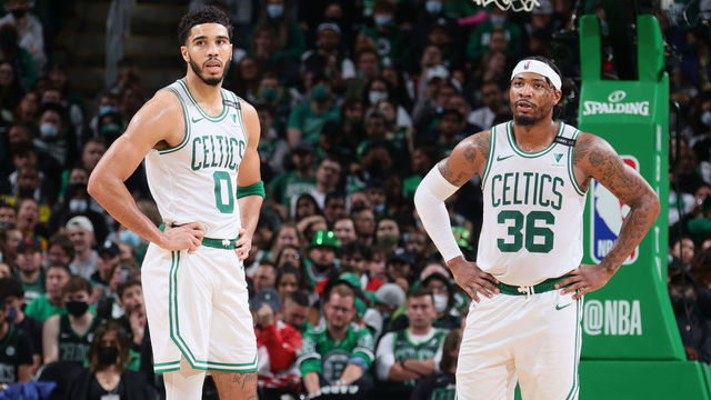 BOSTON, MA - MAY 30: Jayson Tatum #0 talks with Marcus Smart #36 of the Boston Celtics during the game against the Brooklyn Nets during Round 1, Game 4 of the 2021 NBA Playoffs on May 30, 2021 at the TD Garden in Boston, Massachusetts. Mandatory Copyright Notice: Copyright 2021 NBAE