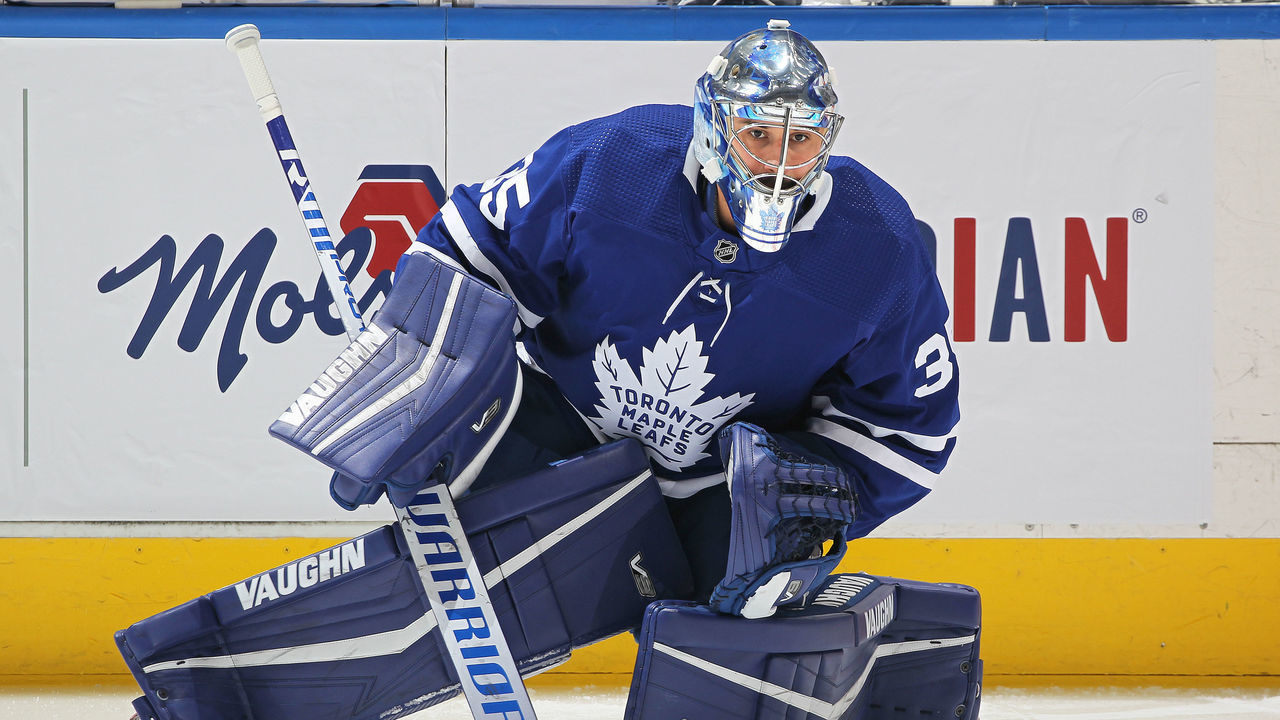 TORONTO, ON - NOVEMBER 2: Petr Mrazek #35 of the Toronto Maple Leafs warms up prior to action against the Vegas Golden Knights in an NHL game at Scotiabank Arena on November 2, 2021 in Toronto, Ontario, Canada. The Maple Leafs defeated the Golden Knights 4-0.