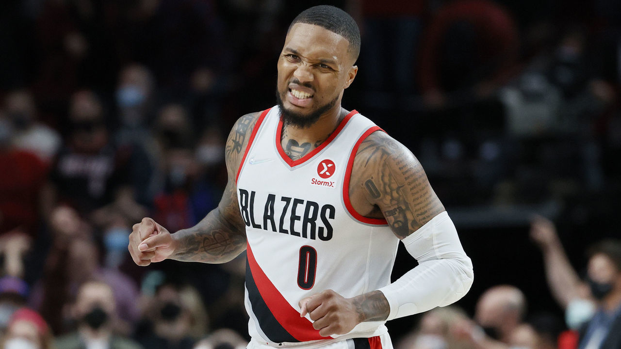 PORTLAND, OREGON - OCTOBER 20: Damian Lillard #0 of the Portland Trail Blazers reacts after missing the final shot to lose against the Sacramento Kings 124-121 at Moda Center on October 20, 2021 in Portland, Oregon.