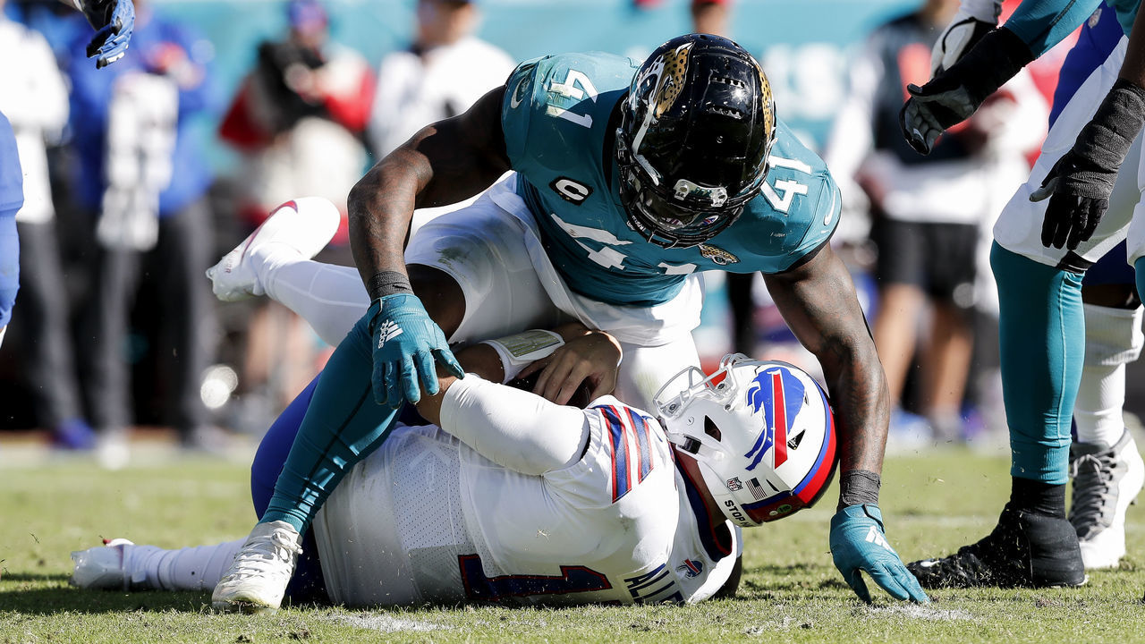 JACKSONVILLE, FL - NOVEMBER 7: Linebacker Josh Allen #41 of the Jacksonville Jaguars makes a sack on Quarterback Josh Allen #17 of the Buffalo Bills during the 2nd quarter of the game at TIAA Bank Field on November 7, 2021 in Jacksonville, Florida. The sack makes the first time in NFL history that a quarterback was sacked by someone with the same name.