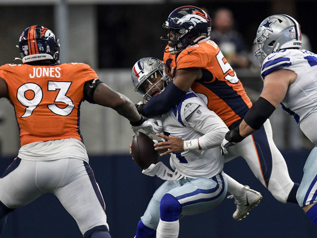 ARLINGTON , TX - NOVEMBER 7: Jonathon Cooper (53) of the Denver Broncos sacks Dak Prescott (4) of the Dallas Cowboys during the first half at AT&T Stadium on Sunday, November 7, 2021.
