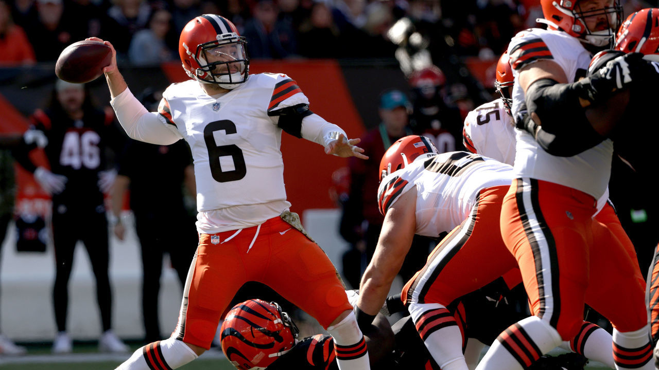 CINCINNATI, OHIO - NOVEMBER 07: Baker Mayfield #6 of the Cleveland Browns throws the ball during the first quarter Cincinnati Bengals at Paul Brown Stadium on November 07, 2021 in Cincinnati, Ohio.