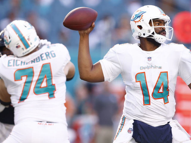 Miami Dolphins quarterback Jacoby Brissett (14) throws during NFL