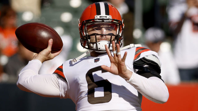 CINCINNATI, OHIO - NOVEMBER 07: Baker Mayfield #6 of the Cleveland Browns throws the ball during pregame warm-ups before the game against the Cincinnati Bengals at Paul Brown Stadium on November 07, 2021 in Cincinnati, Ohio.