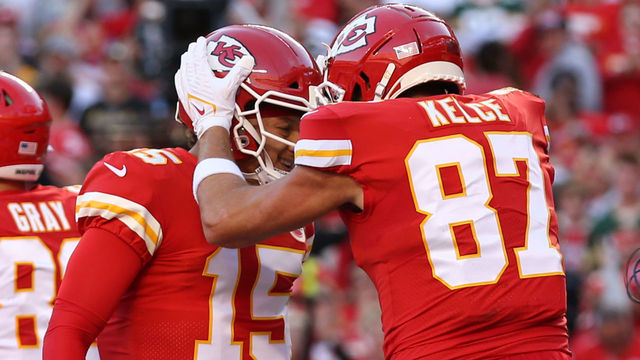 KANSAS CITY, MO - NOVEMBER 07: Kansas City Chiefs quarterback Patrick Mahomes (15) and tight end Travis Kelce (87) celebrate a 1-yard touchdown pass in the first quarter of an NFL game between the Green Bay Packers and Kansas City Chiefs on Nov 7, 2021 at GEHA Field at Arrowhead Stadium in Kansas City, MO.