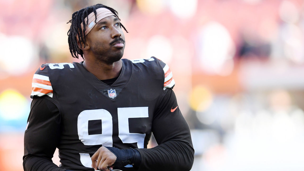 CLEVELAND, OHIO - OCTOBER 31: Myles Garrett #95 of the Cleveland Browns looks on as he walks off the field after a 15-10 loss to the Pittsburgh Steelers at FirstEnergy Stadium on October 31, 2021 in Cleveland, Ohio.