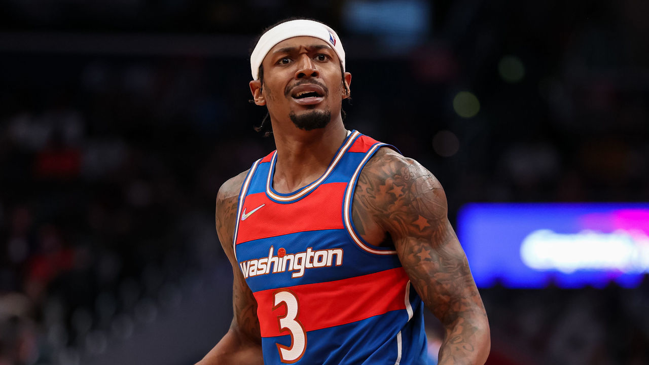 WASHINGTON, DC - NOVEMBER 07: Bradley Beal #3 of the Washington Wizards reacts after a play against the Milwaukee Bucks during the first half at Capital One Arena on November 7, 2021 in Washington, DC.