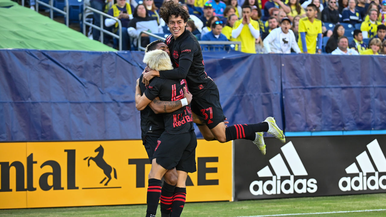 NASHVILLE, TN - NOVEMBER 07: New York Red Bulls celebrate after Red Bulls forward Fabio (9) scores during the MLS match between the New York Red Bulls and Nashville SC on November 7, 2021, at Nissan Stadium in Nashville, TN.