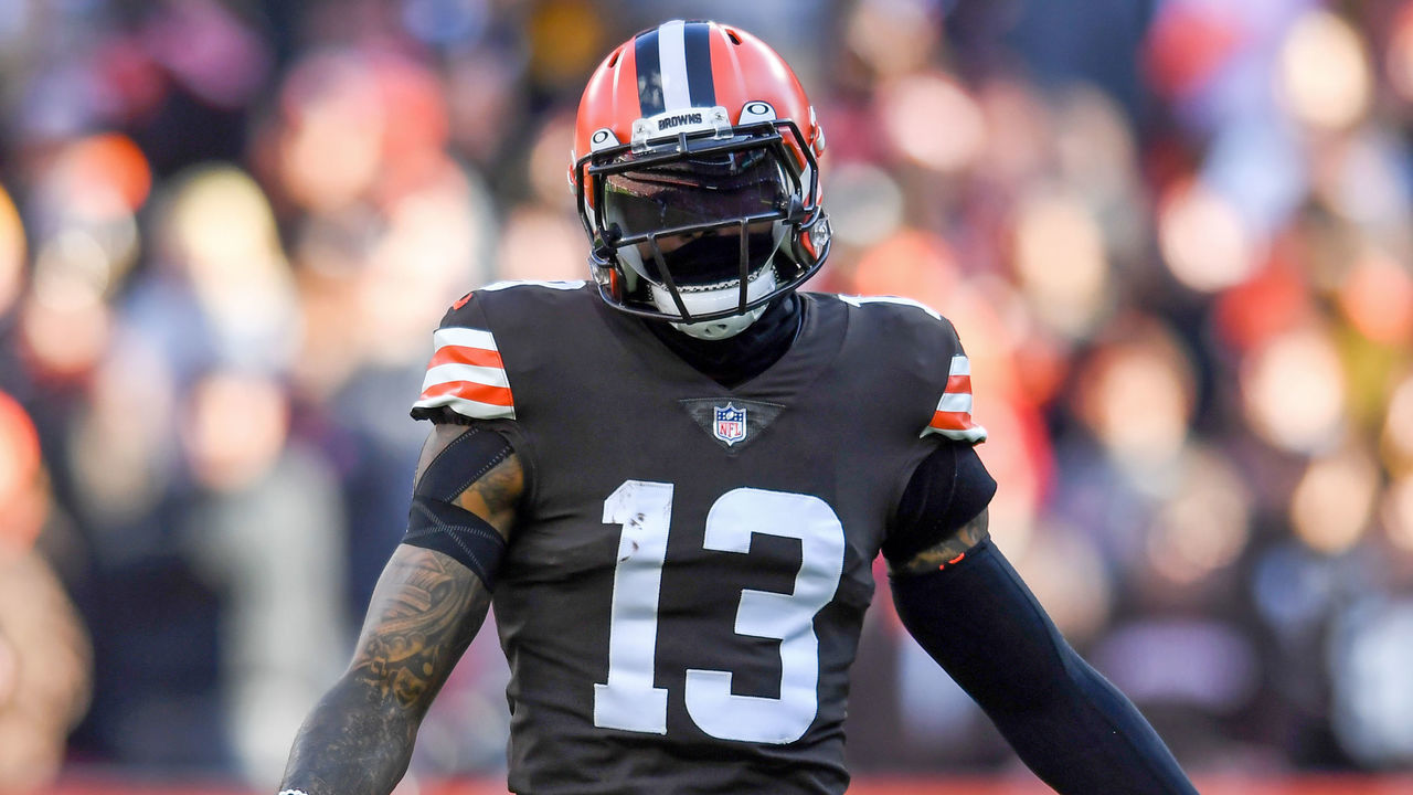CLEVELAND, OH - OCTOBER 31: Odell Beckham Jr. #13 of the Cleveland Browns reacts during the second half against the Pittsburgh Steelers at FirstEnergy Stadium on October 31, 2021 in Cleveland, Ohio.