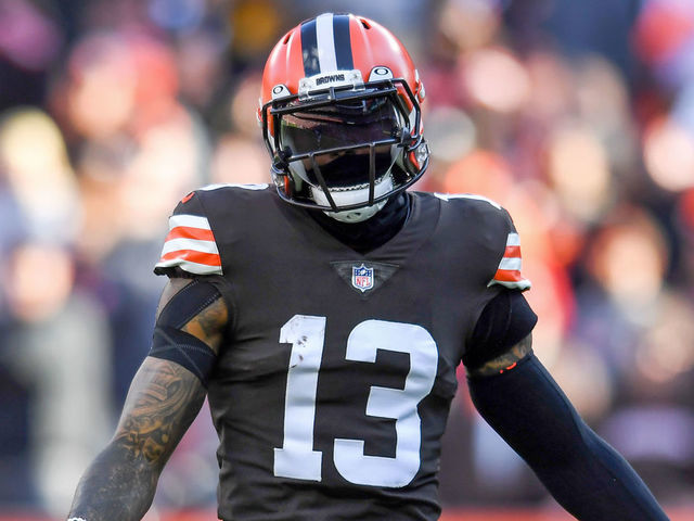 CLEVELAND, OH - OCTOBER 31: Odell Beckham Jr. #13 of the Cleveland Browns reacts during the second half against the Pittsburgh Steelers at FirstEnergy Stadium on October 31, 2021 in Cleveland, Ohio.