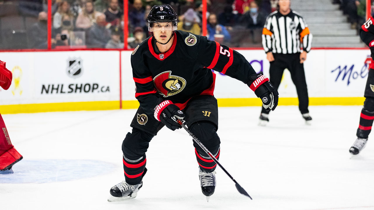 OTTAWA, ON - NOVEMBER 04: Ottawa Senators Defenceman Nick Holden (5) closes on the play during first period National Hockey League action between the Vegas Golden Knights and Ottawa Senators on November 4, 2021, at Canadian Tire Centre in Ottawa, ON, Canada.